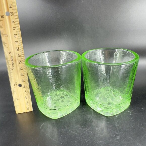 Fire & Light Green Recycled Glass Tumbler On the Rocks Square Signed Set 2 - Picture 10 of 16